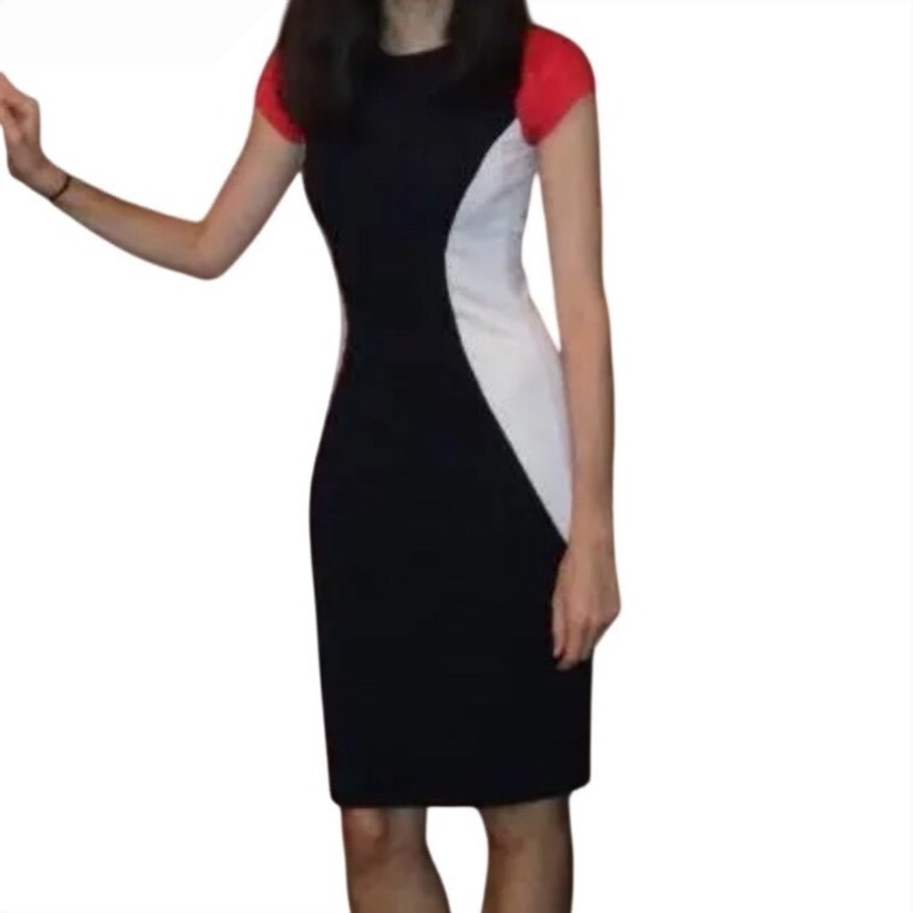 Pink Tartan Navy White Red Colorblock Sheath Dress XL Stretch Ponte Cap Sleeve